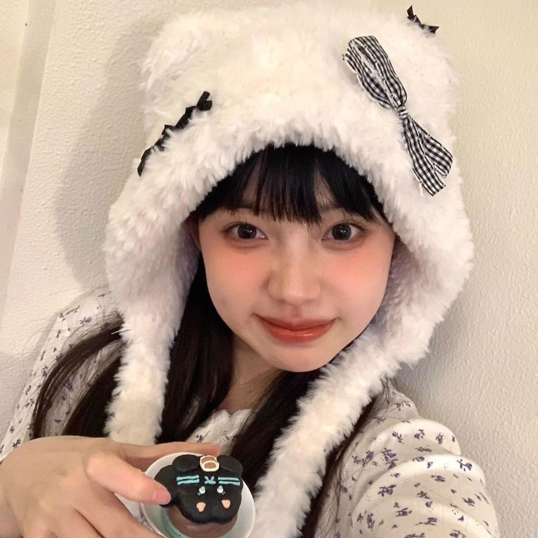 2024新款秋冬可爱小熊蝴蝶结毛绒帽女季保暖护耳雷锋帽女冬季加绒