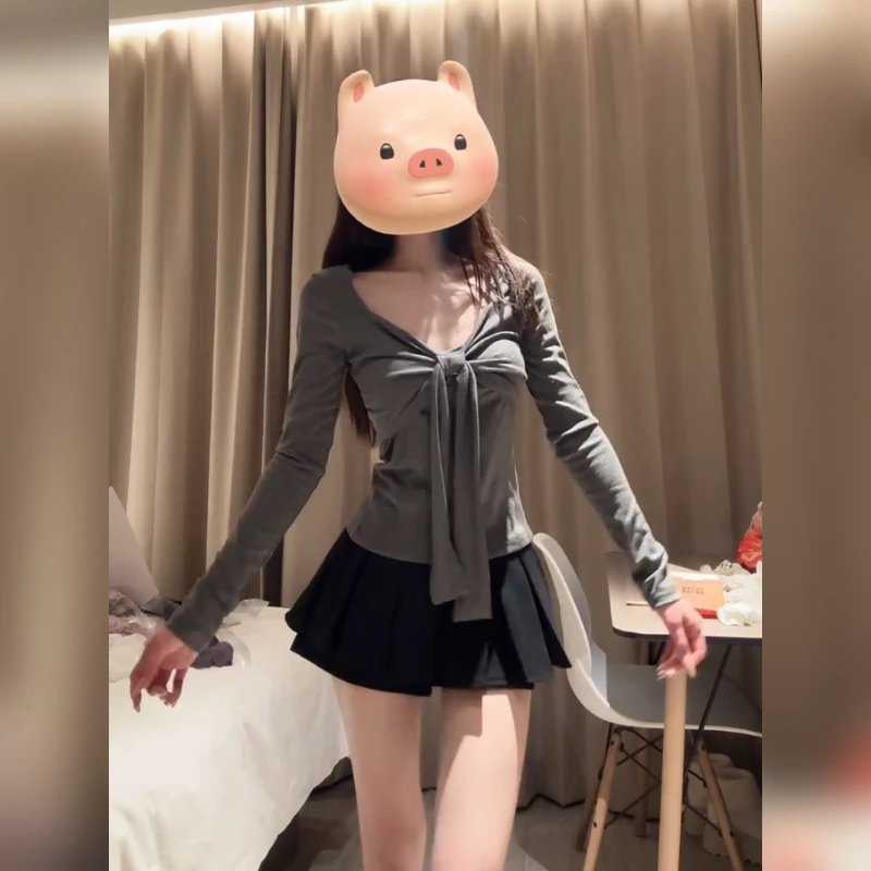 【运补】纯欲风小众蝴蝶结长袖T恤女秋季新款独特漂亮褶皱打底上衣