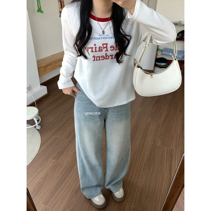 QINGYUS-撞色印花圆领正肩长袖宽松春季新款微胖显瘦大码女装T恤