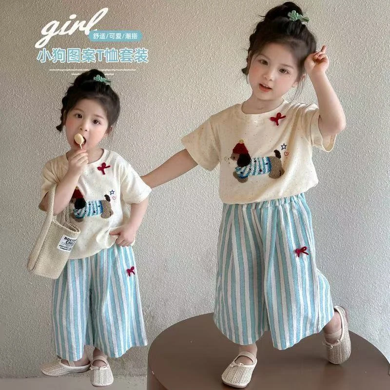 女童套装2025夏季新款圆领阔腿裤可爱小清新韩版小狗可爱套装