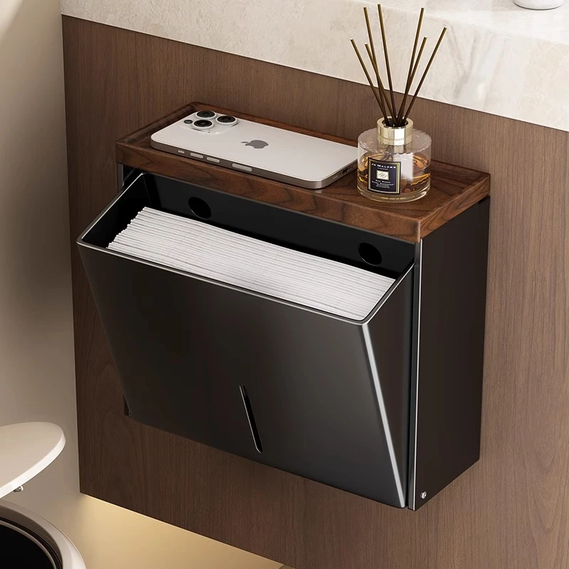 胡桃木卫生间纸巾盒免打孔厕纸盒防水草纸盒放擦手纸卫生纸置物架