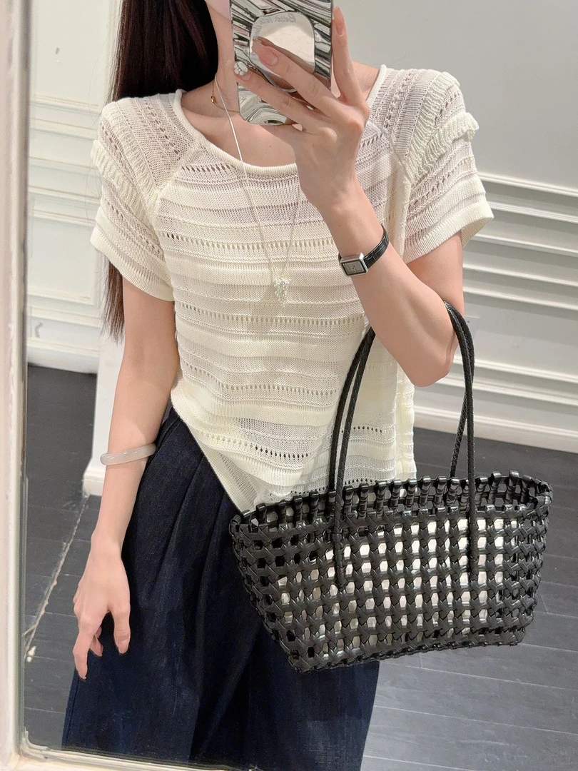 韩系针织衫镂空圆领短袖夏季纯色减龄薄款三分袖显瘦小个子罩衫