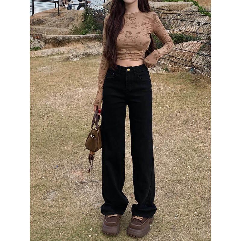 黑色窄版直筒牛仔裤女2025年秋季新款休闲百搭高腰显高显瘦堆堆裤