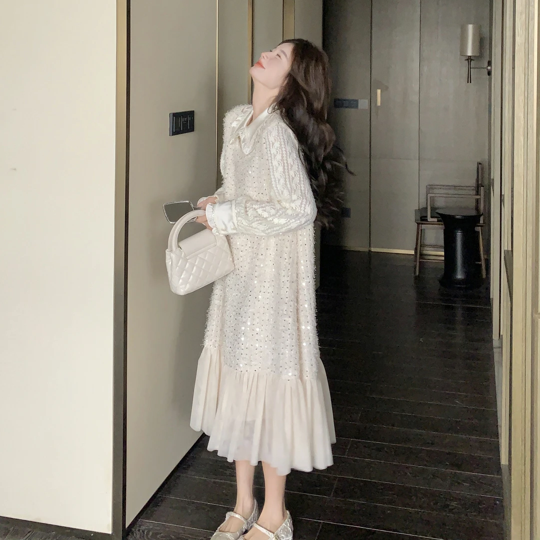 米白色温柔风蕾丝上衣套装裙女2025秋季新款亮片背心连衣裙两件套