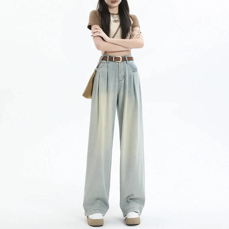 怀旧蓝高腰阔腿牛仔裤女2025早春新款设计感高腰宽松显瘦拖地裤