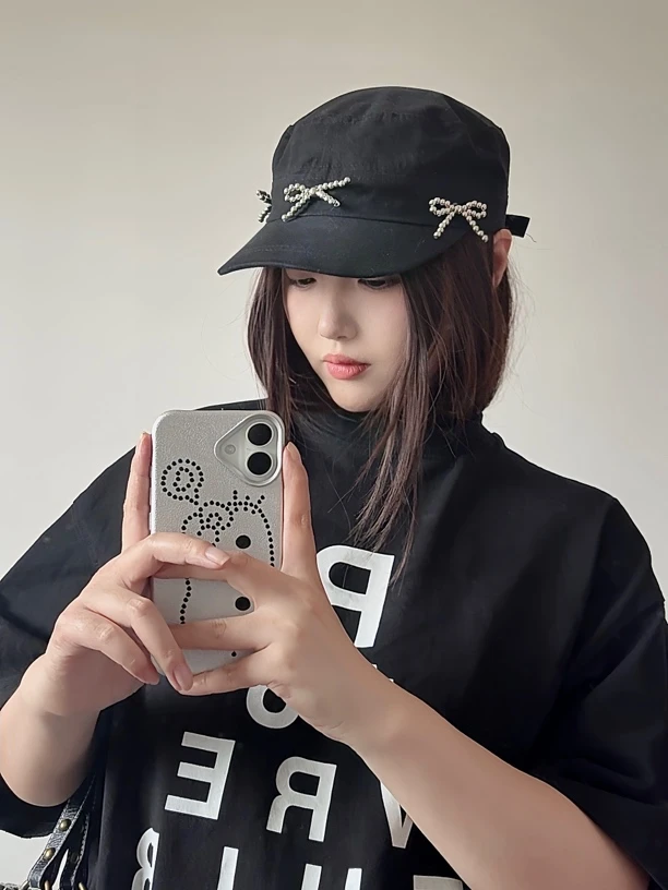 暗黑小香平顶鸭舌帽*蝴蝶结复古小香风黑显脸小遮阳帽