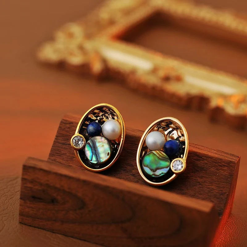 铜合金合成锆石耳饰 D10280---复古时尚中古宫廷个性椭圆耳钉