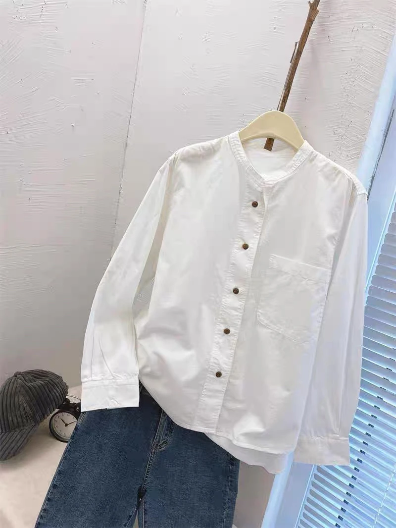 2519宽松休闲立领衬衫女春季百搭长袖外套口袋衬衣