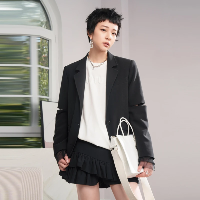 U/TI 设计感袖口裁破拼接礼服纱高级质感显瘦宽松长袖西装外套