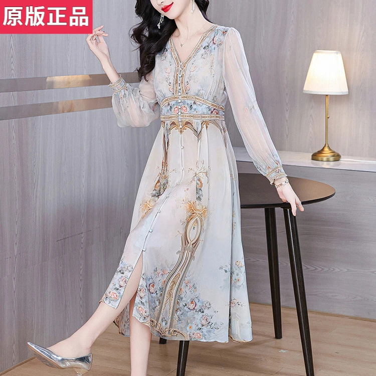 杭州桑蚕丝复古印花裙真丝连衣裙女春2025新款高端名媛时尚气质裙