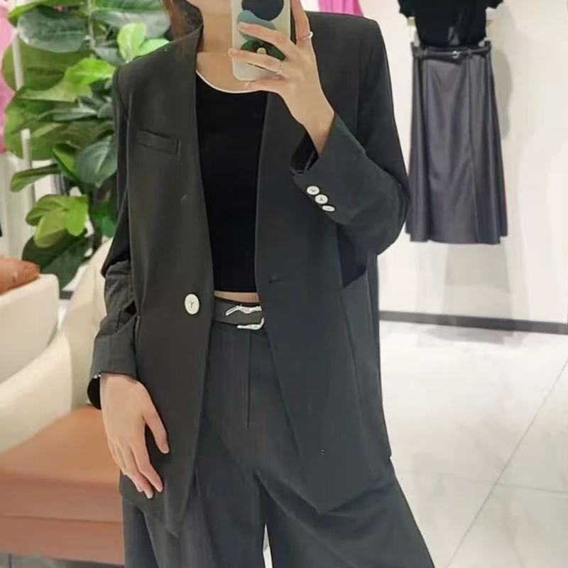 商场同款一粒扣高级灰西装外套女25秋新款口袋宽松抗皱上衣