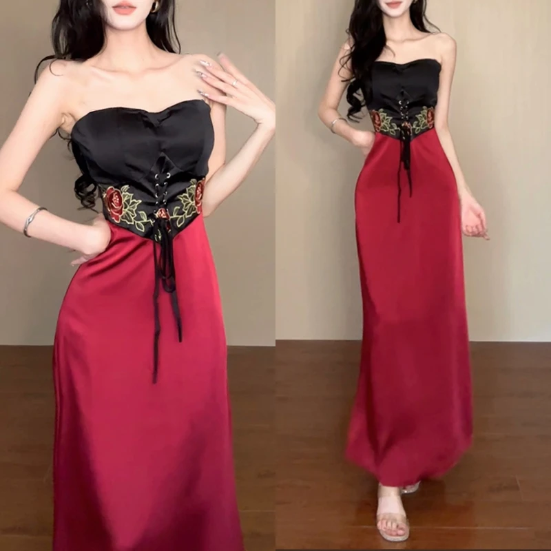 h8/Y159【JOJO】【新中式】红黑撞色复古绣花性感吊带露背鱼尾连衣裙