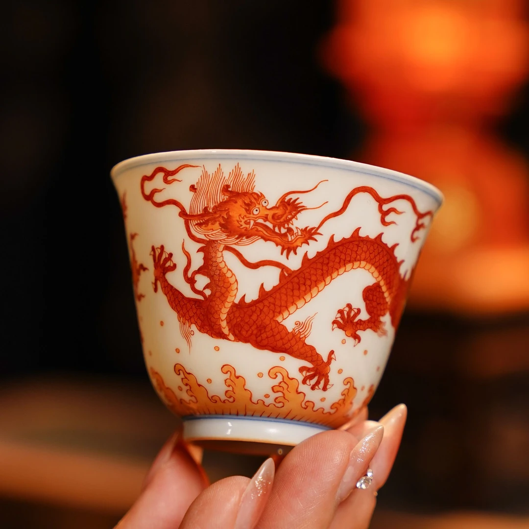 千静珍品薄胎矾红双龙纹杯茶杯龙杯品茗杯茶具主人杯陶瓷家用茶杯