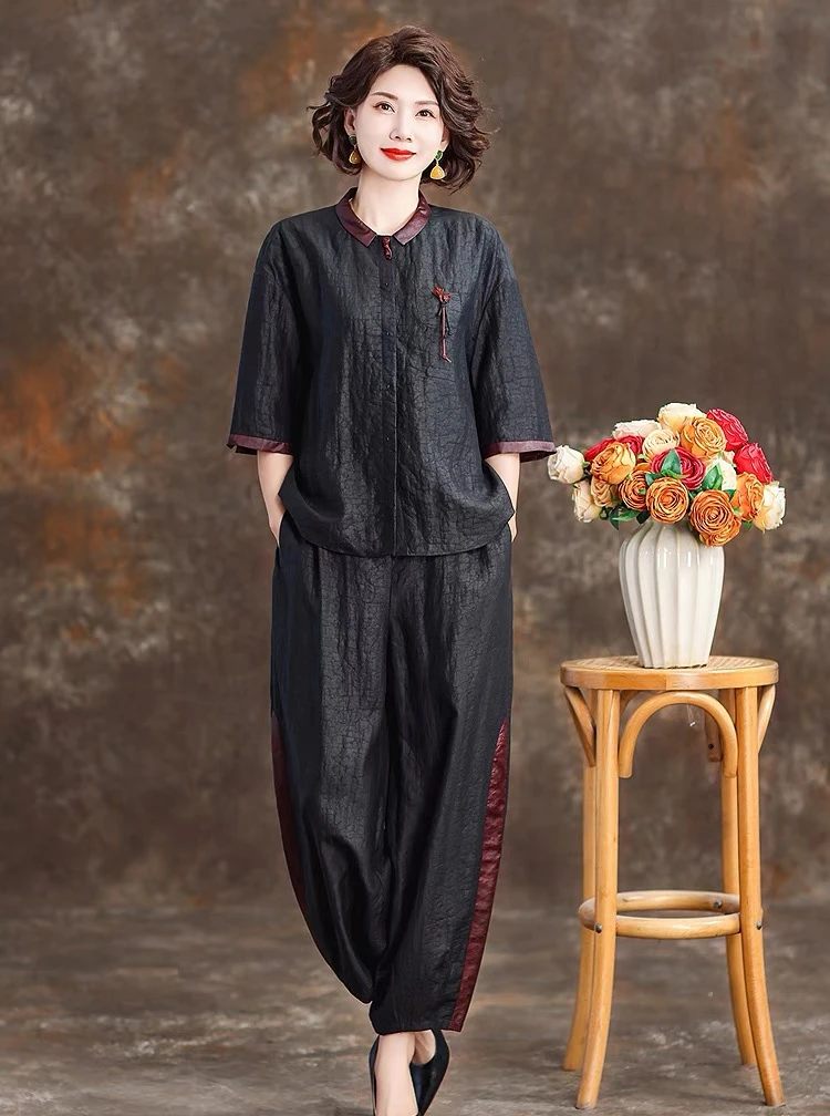 高端冰丝夏清爽不贴身女仿香云纱套装新中式复古妈妈龟裂纹两件套