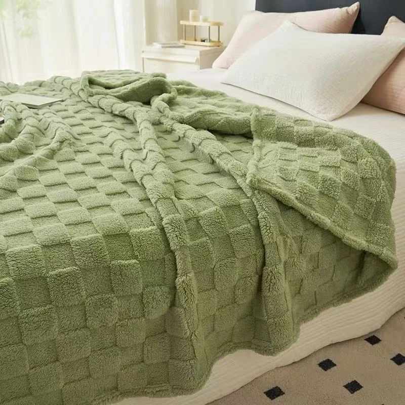 【春秋新款】230X200.浅绿色方格提花加厚毛毯.双层.绒毛毯.速热款.