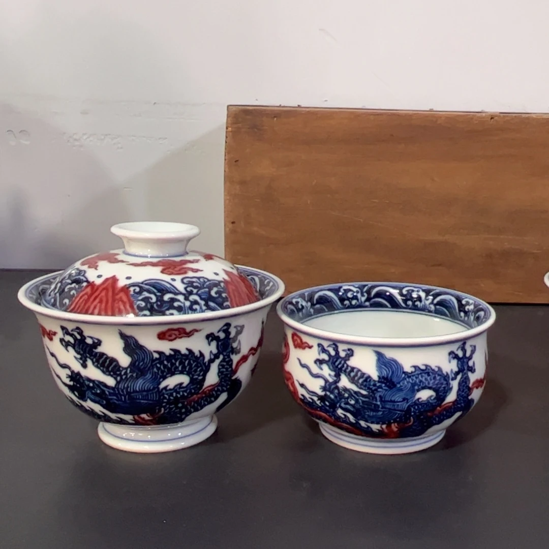 青花釉里红回首龙两件套 可拆分