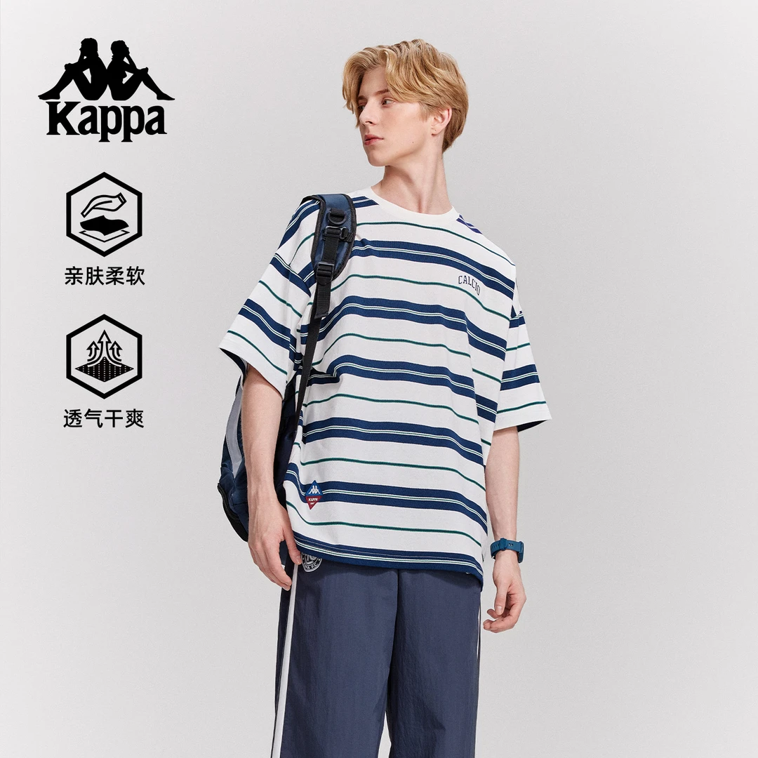 Kappa/卡帕男半袖常规宽松型圆领男装运动T恤夏季亲肤条纹短袖