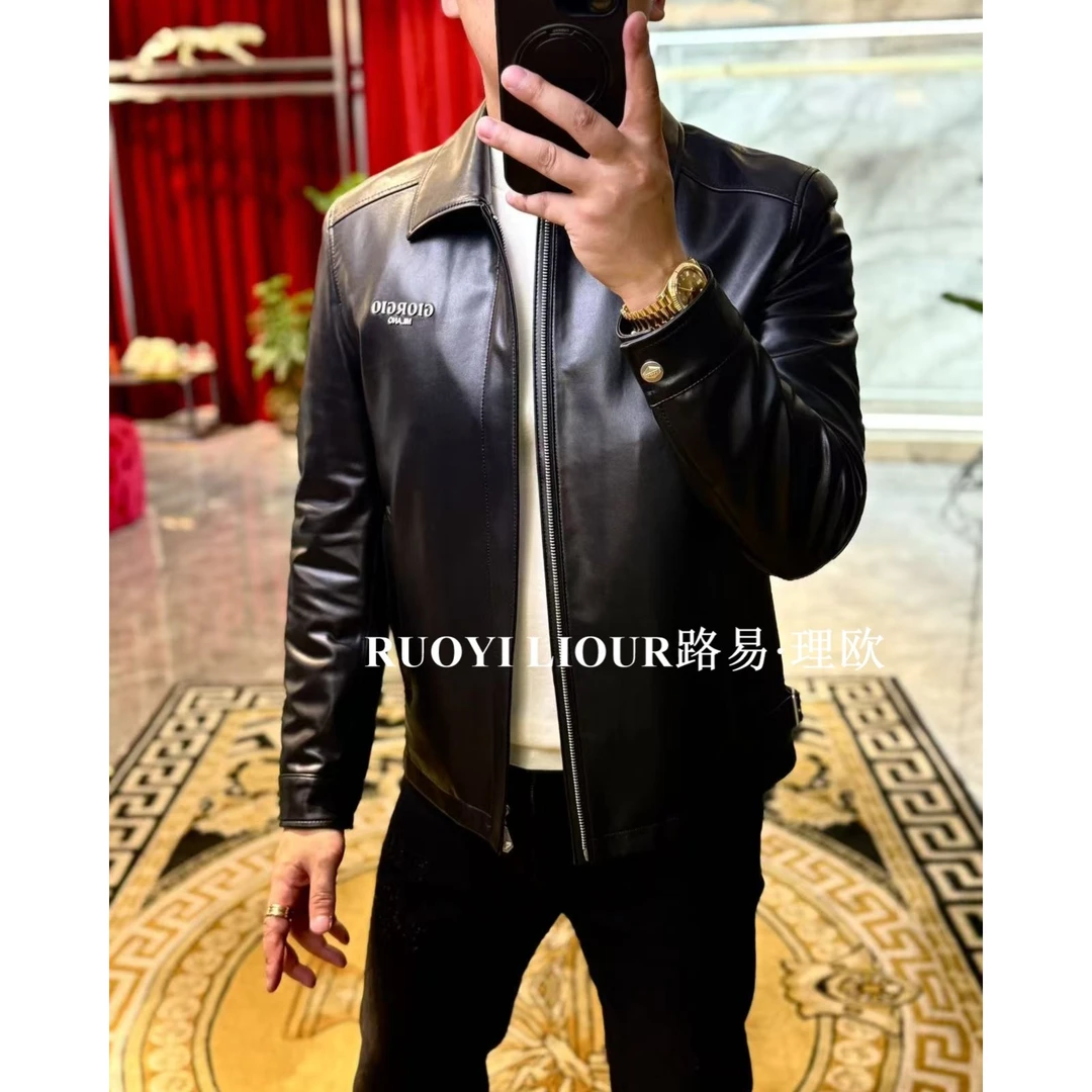 【路易理欧】欧货休闲字母潮流胸标设计时尚真皮夹克0666