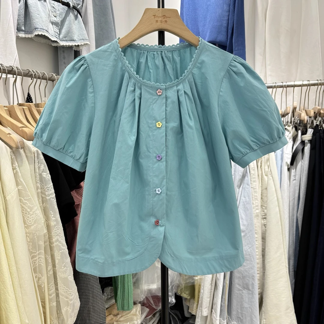 法式衬衫女夏季天小个子短款泡泡袖衬衣宽松短袖上衣2025新款爆款