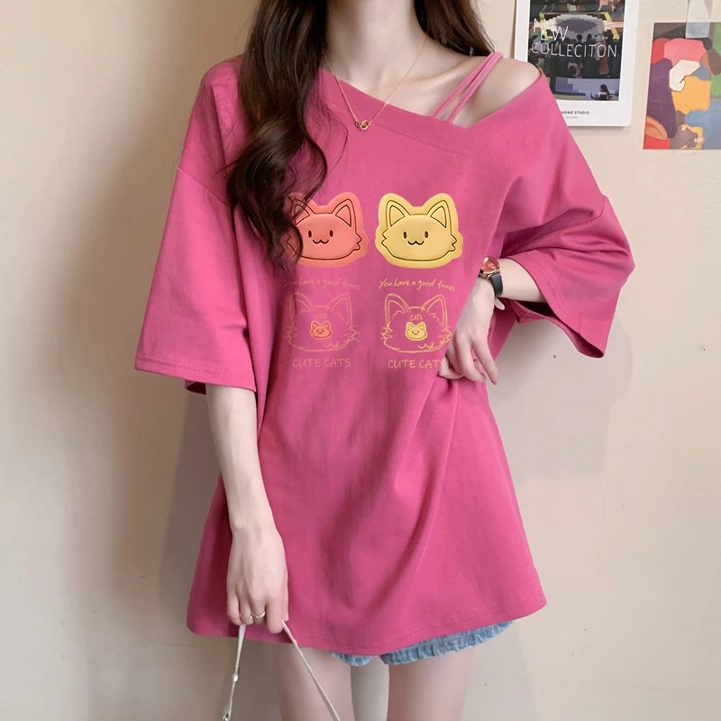 卡通减龄短袖T恤女夏季2025新款韩版洋气休闲设计感大码斜领上衣