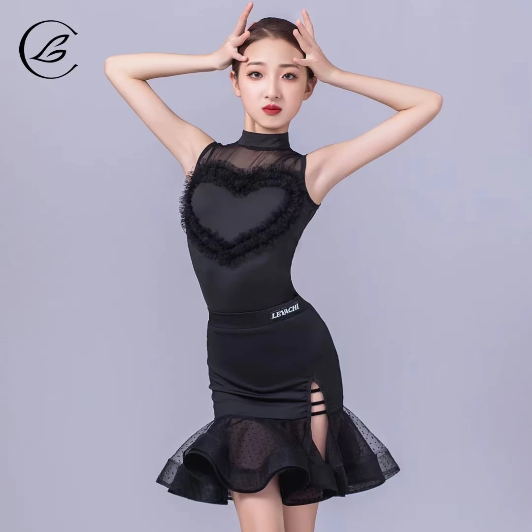 乐雅池春夏新款拉丁舞服儿童女纯色练功服爱心图案舞蹈服LS24178