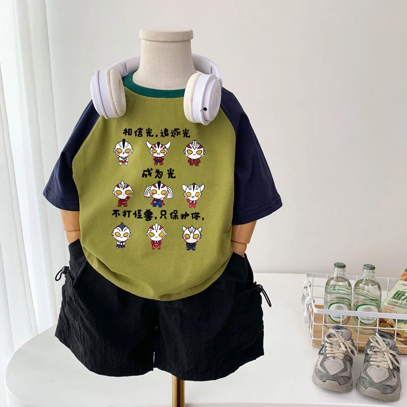 男童卡通短袖夏季奥特曼半袖圆领t恤套头衫上衣时尚潮t拼色撞色潮