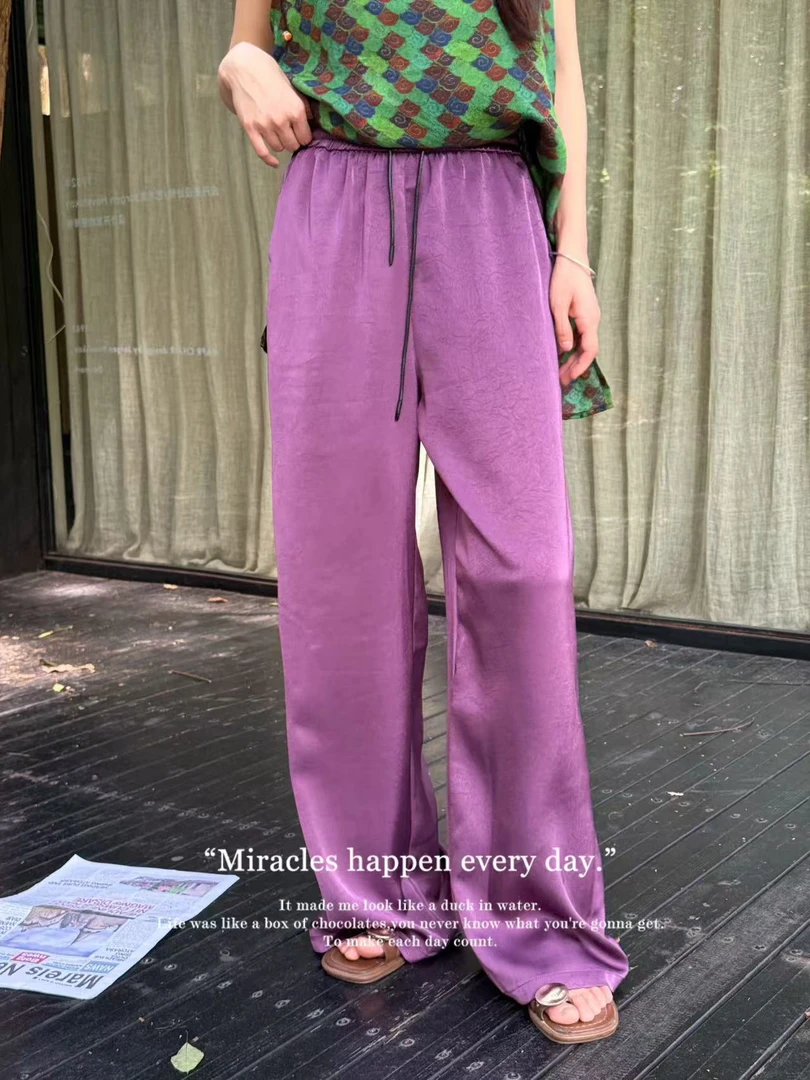 夏季女士醋酸冰丝阔腿裤缎面提花垂感松紧显瘦直筒裤