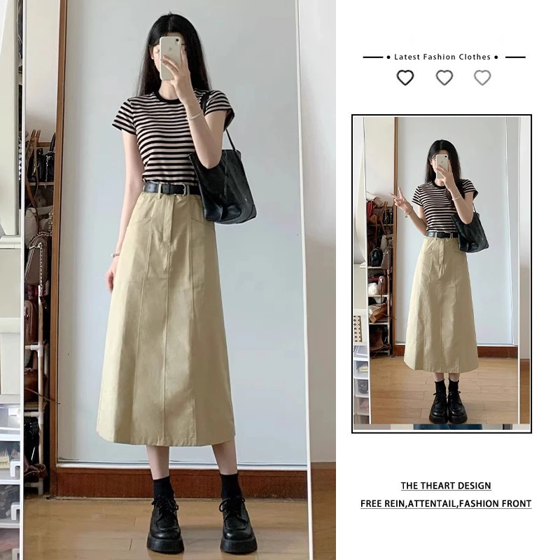 夏季穿搭一整套女可盐可甜轻熟港风复古条纹短袖T恤半身裙两件套