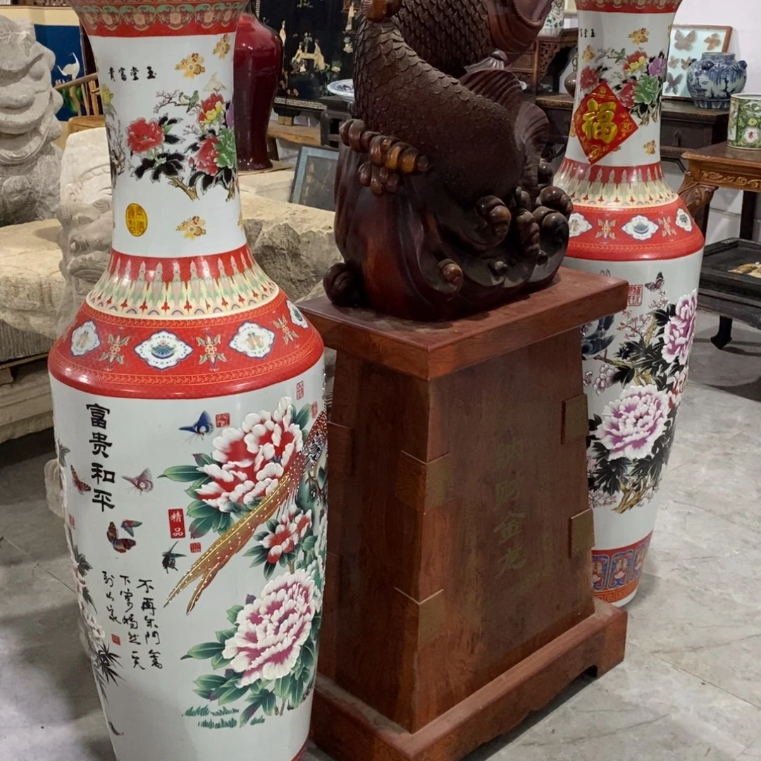 @***存陶瓷一对落地红花瓶包邮