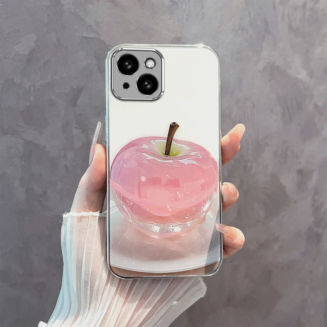 适用【苹果14】水晶苹果草莓电镀玻璃防摔手机壳女款