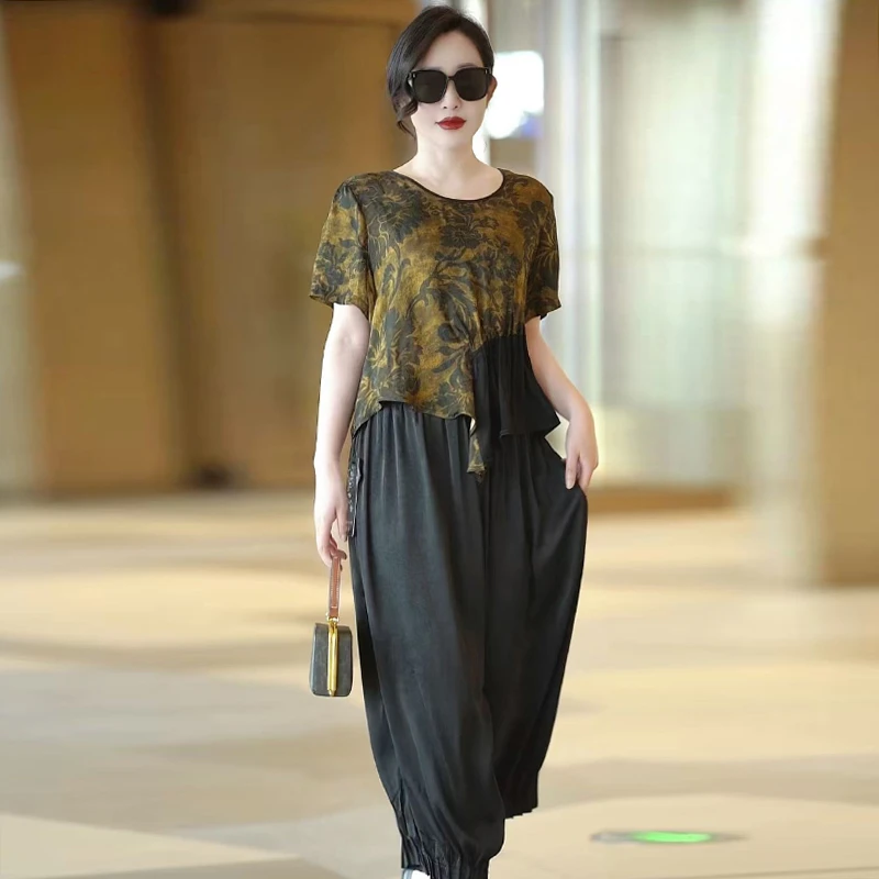 夏季爆款复古大码圆领短袖T恤不规则醋酸丝质衬衫宽松百搭上衣潮