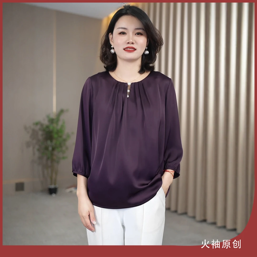 火袖G1387中老年圆领早秋新款宽松显瘦气质纯色妈妈装气质小衫女