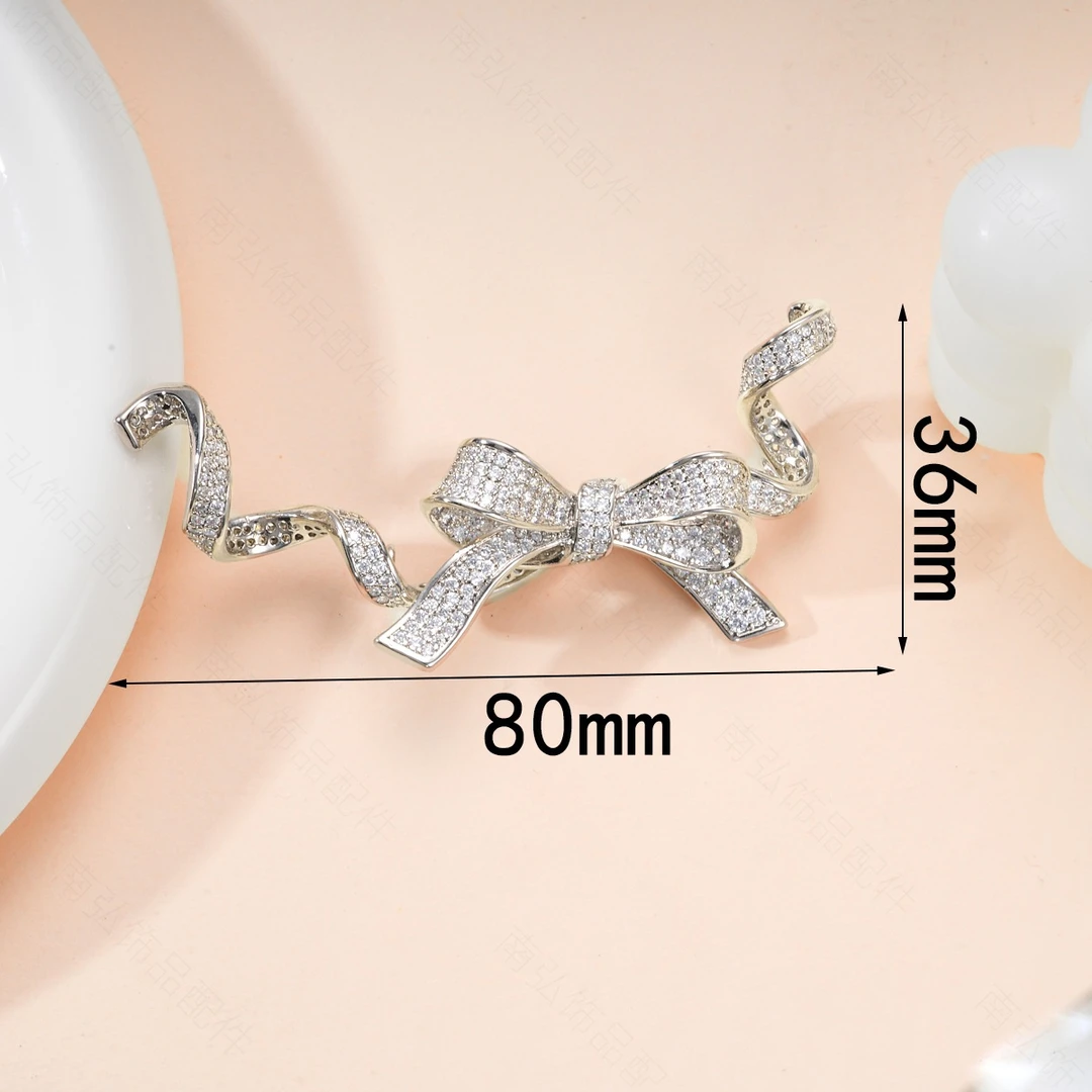 铜镀钯白金镶满锆蝴蝶结流苏链接扣头珍珠项链固定扣DIY饰品配件