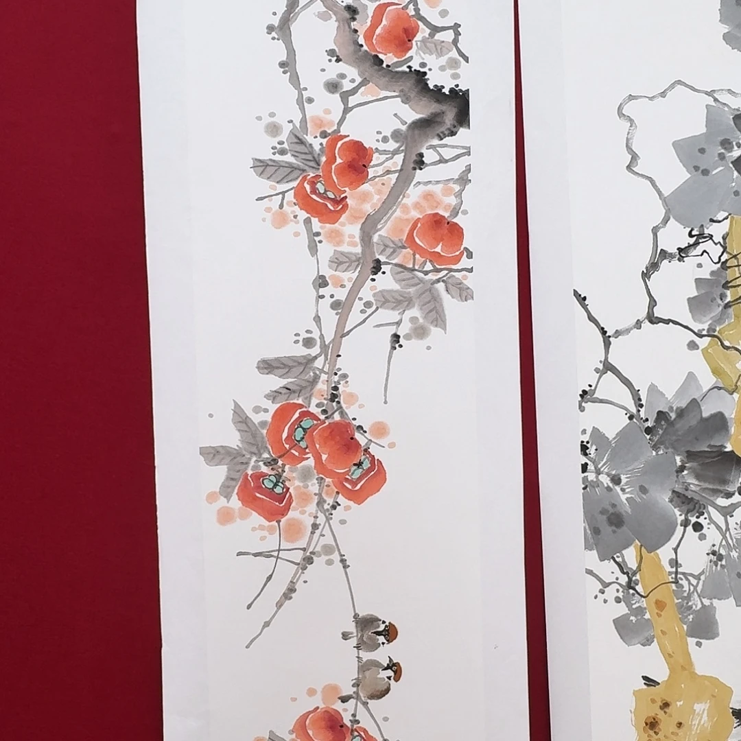 国画四尺对开花鸟