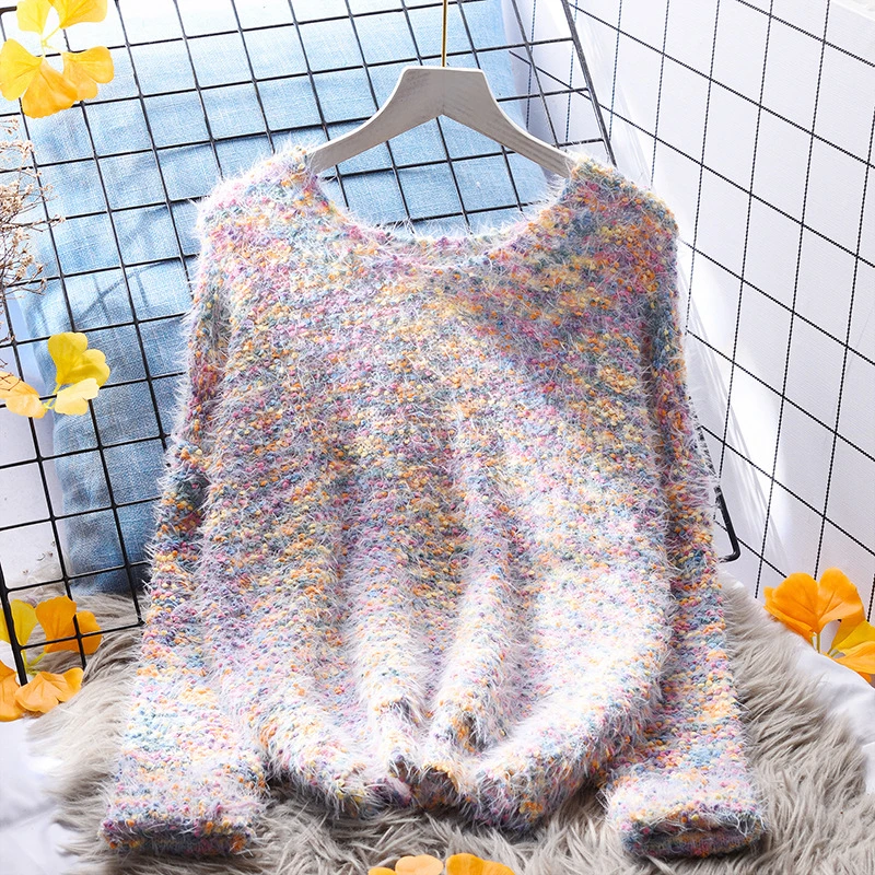 彩色彩点套头毛衣女春秋24新款韩版百搭长袖宽松针织上衣镂空外搭