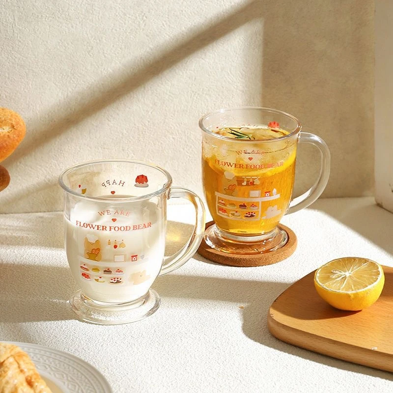 新疆包邮-可爱卡通玻璃杯带手柄高颜值大容量水杯创意玻璃杯子
