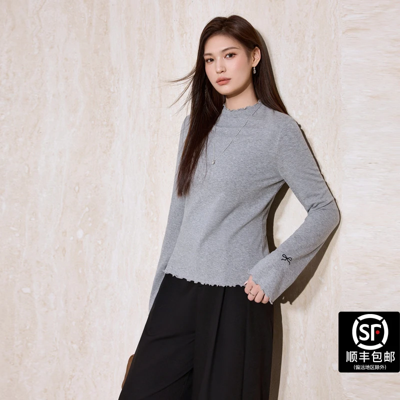 蓝语蓝语大码女装2025秋季常规长袖圆领T恤绒衫简约修身套头休闲