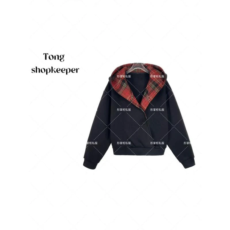 TT-QJ/彤掌柜1681280 冬季25加厚新款拼接时尚格纹连帽保暖卫衣