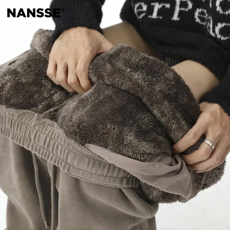 东北零下保暖裤子男款冬季特厚羊羔绒卫裤咖啡色加绒加厚束脚棉裤