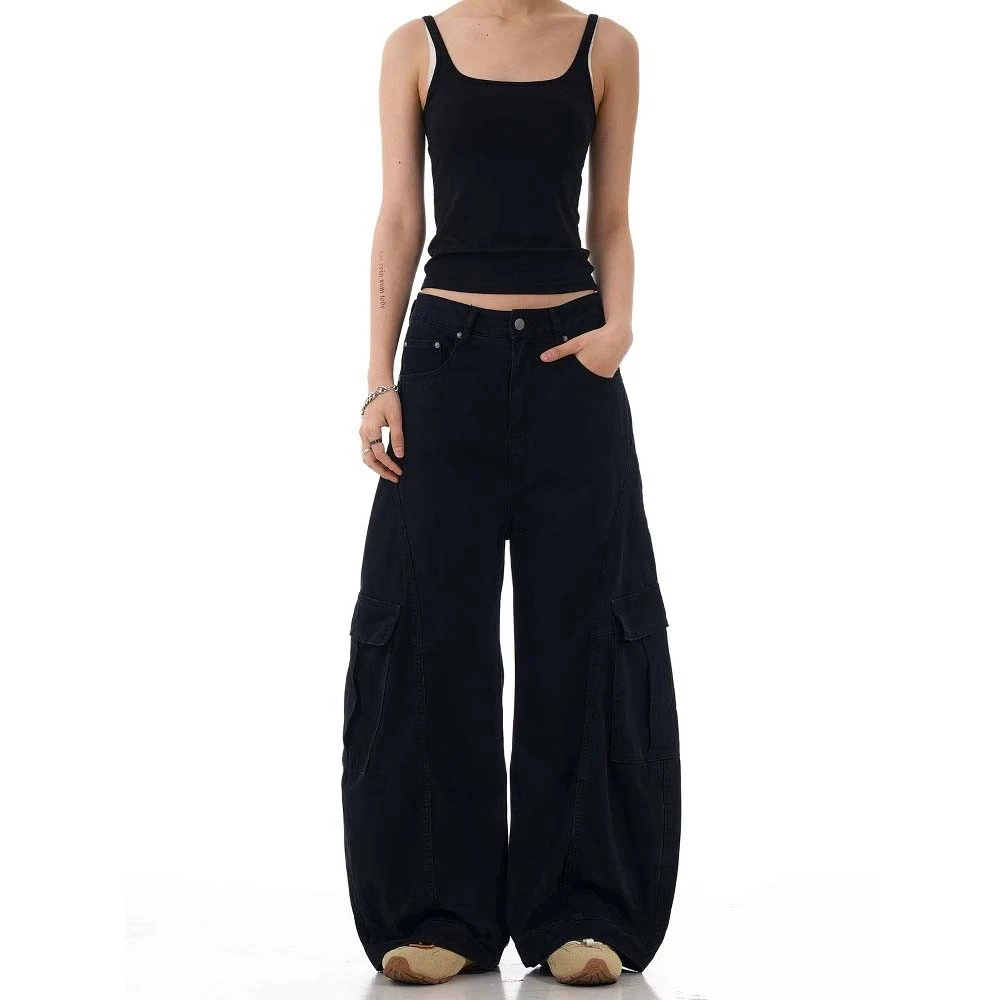 美式弯刀工装牛仔裤女冬季新款设计感高腰宽松阔腿显瘦直筒长裤子