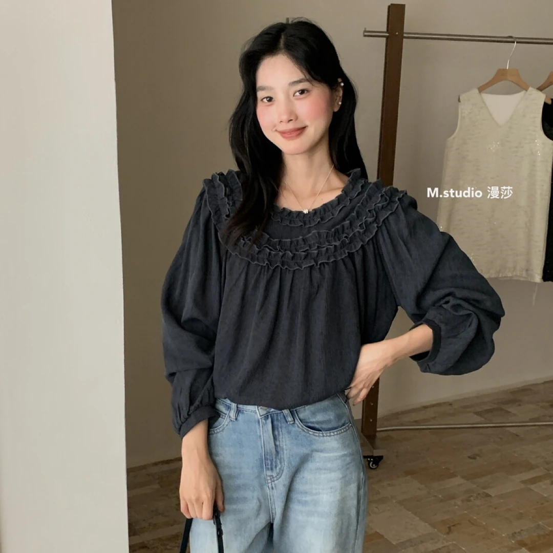 温柔韩系甜美木耳花边领早秋气质小衫衬衫时尚长袖上衣小众衬衣