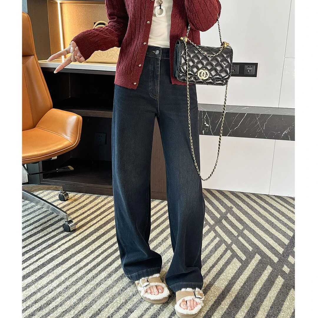 秒变大长腿！复古蓝弹力窄版直筒裤女秋冬梨形身材显瘦加绒阔腿裤