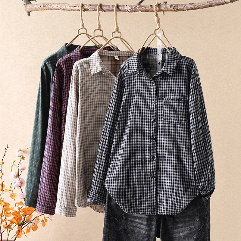 新款春季休闲百搭长袖衬衣春秋文艺复古宽松显瘦格子衬衫女357