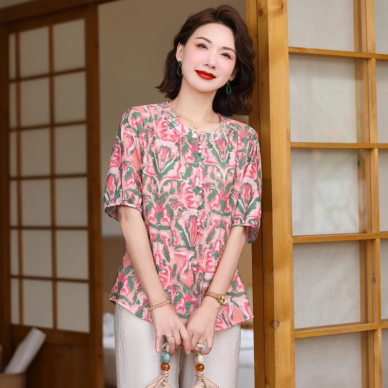 中年妈妈夏装短袖碎花T恤2025新款洋气中老年女装上衣服高贵小衫
