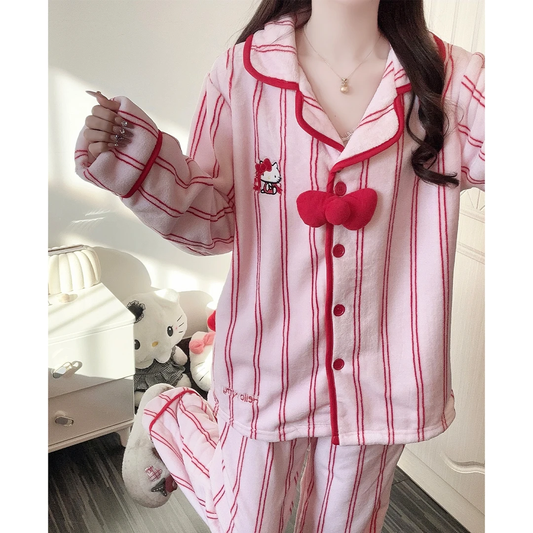 睡衣女款秋冬季加厚加绒法兰绒新款条纹KT猫少女珊瑚绒家居服套装