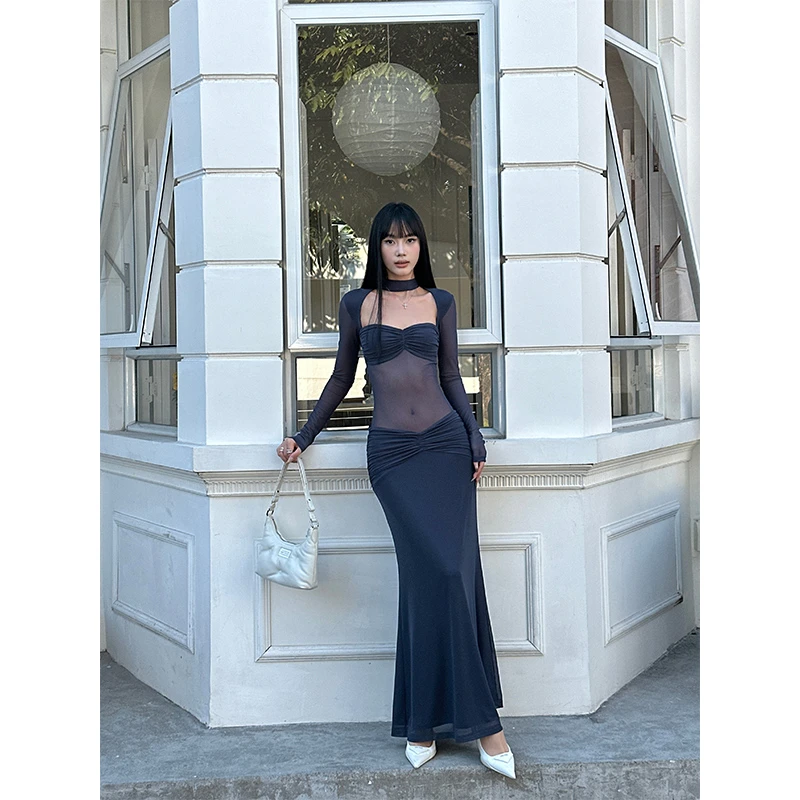 VENUIE【致命女人】雾霾蓝设计感褶皱收腰长袖微透网纱连衣裙01020