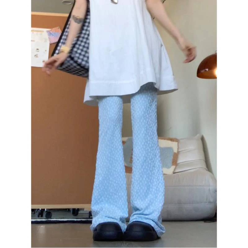 清新感～奶油蓝花花喇叭裤
