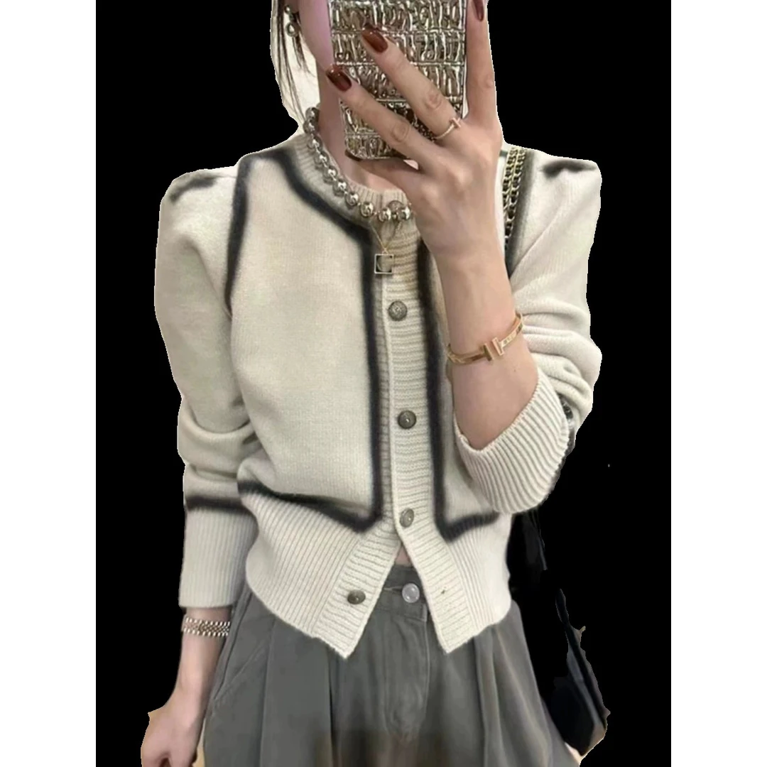 设计感撞色小香风针织毛衣女2025秋季新款时尚百搭短款开衫外套潮