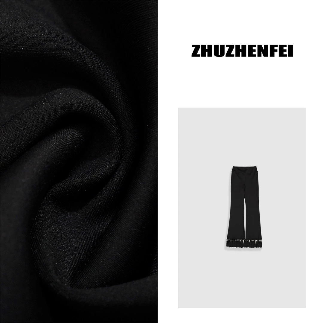 ZHUZHENFEI 黑色流苏设计独特休闲百搭黑色高弹显瘦八分裤Z352330