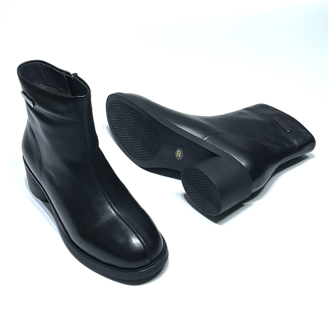 【设计师沈兰】瘦瘦短靴女软牛皮中跟时装靴女圆头粗跟单靴加绒短靴